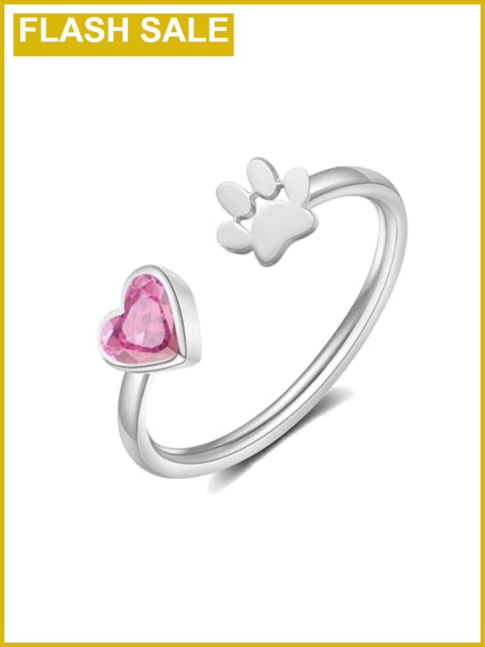 Dog Paw Heart Birthstone Adjustable Ring White Gold Plated Stainless Steel